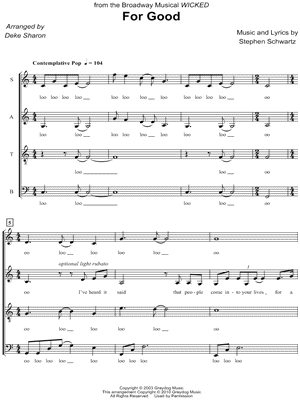 For Good - 4 Prints Sheet Music from Wicked - SATB Choir A Cappella