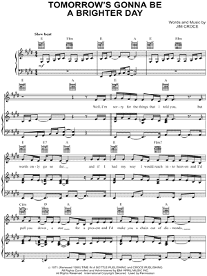 Tomorrow's Gonna Be a Brighter Day Sheet Music by Jim Croce - Piano/Vocal/Guitar