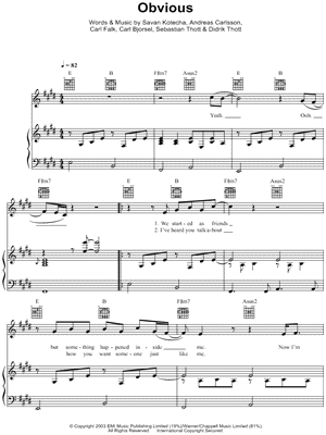 Obvious Sheet Music by Westlife - Piano/Vocal/Guitar, Singer Pro