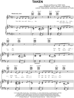 Taken Sheet Music by One Direction - Piano/Vocal/Guitar