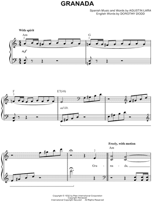 Granada Sheet Music by Agustin Lara - Easy Piano