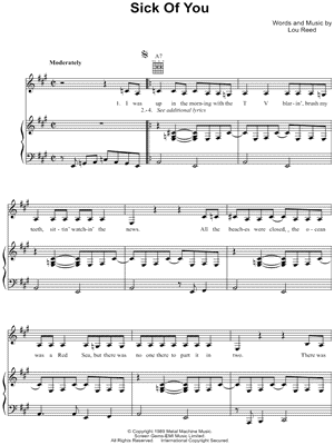 Sick of You Sheet Music by Lou Reed - Piano/Vocal/Guitar, Singer Pro