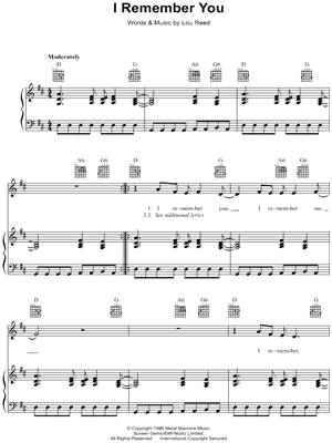 I Remember You Sheet Music by Lou Reed - Piano/Vocal/Guitar, Singer Pro