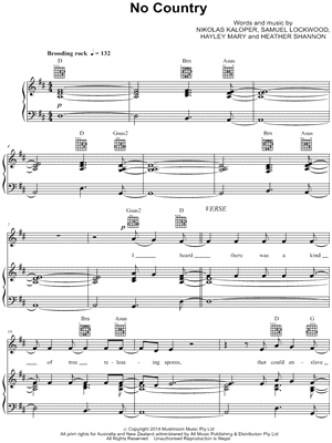 No Country Sheet Music by The Jezabels - Piano/Vocal/Guitar