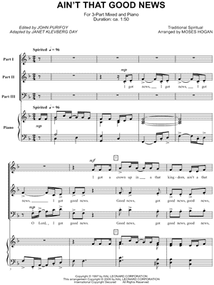 Ain't That Good News - 5 Prints Sheet Music by Moses Hogan - 3-Part Choir + Piano