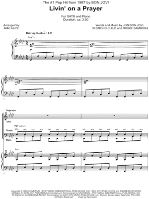 Livin' on a Prayer - 5 Prints Sheet Music by Bon Jovi - SATB Choir + Piano