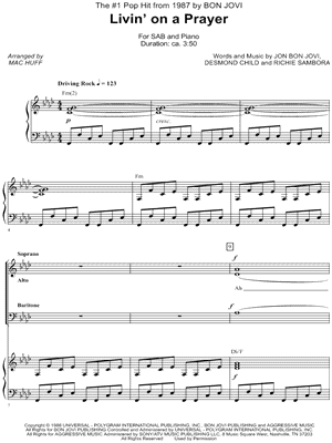 Livin' on a Prayer - 5 Prints Sheet Music by Bon Jovi - SAB Choir + Piano