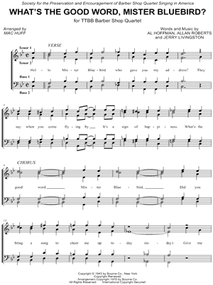 What's the Good Word, Mister Bluebird - 4 Prints Sheet Music by Al Hoffman - Barbershop Quartet
