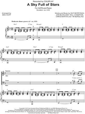 A Sky Full of Stars - 5 Prints Sheet Music by Coldplay - SATB Choir + Piano