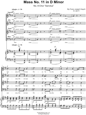 Mass No. 11 In D Minor Nelson No. 8 Sanctus - 5 Prints Sheet Music by Franz Joseph Haydn - SATB Choir + Piano