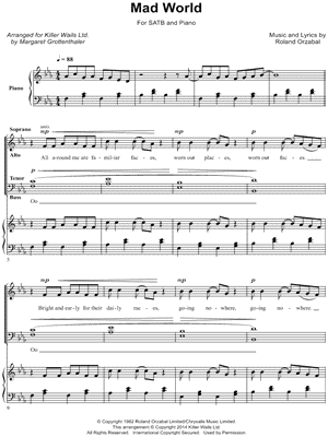 Mad World - 5 Prints Sheet Music by Gary Jules - SATB Choir + Piano