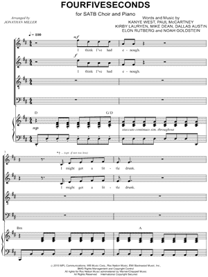 FourFiveSeconds - 5 Prints Sheet Music by Rihanna - SATB Choir + Piano