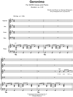 Geronimo - 5 Prints Sheet Music by Sheppard - SATB Choir + Piano