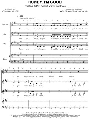 Honey, I'm Good - 4 Prints Sheet Music by Andy Grammer - SAA Choir + Piano