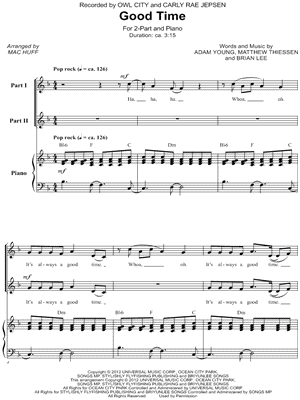 Good Time - 5 Prints Sheet Music by Owl City - 2-Part Choir + Piano