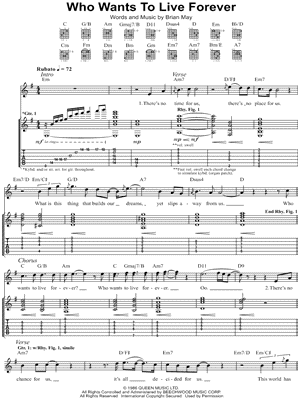 Who Wants to Live Forever Sheet Music by Queen - Guitar TAB Transcription