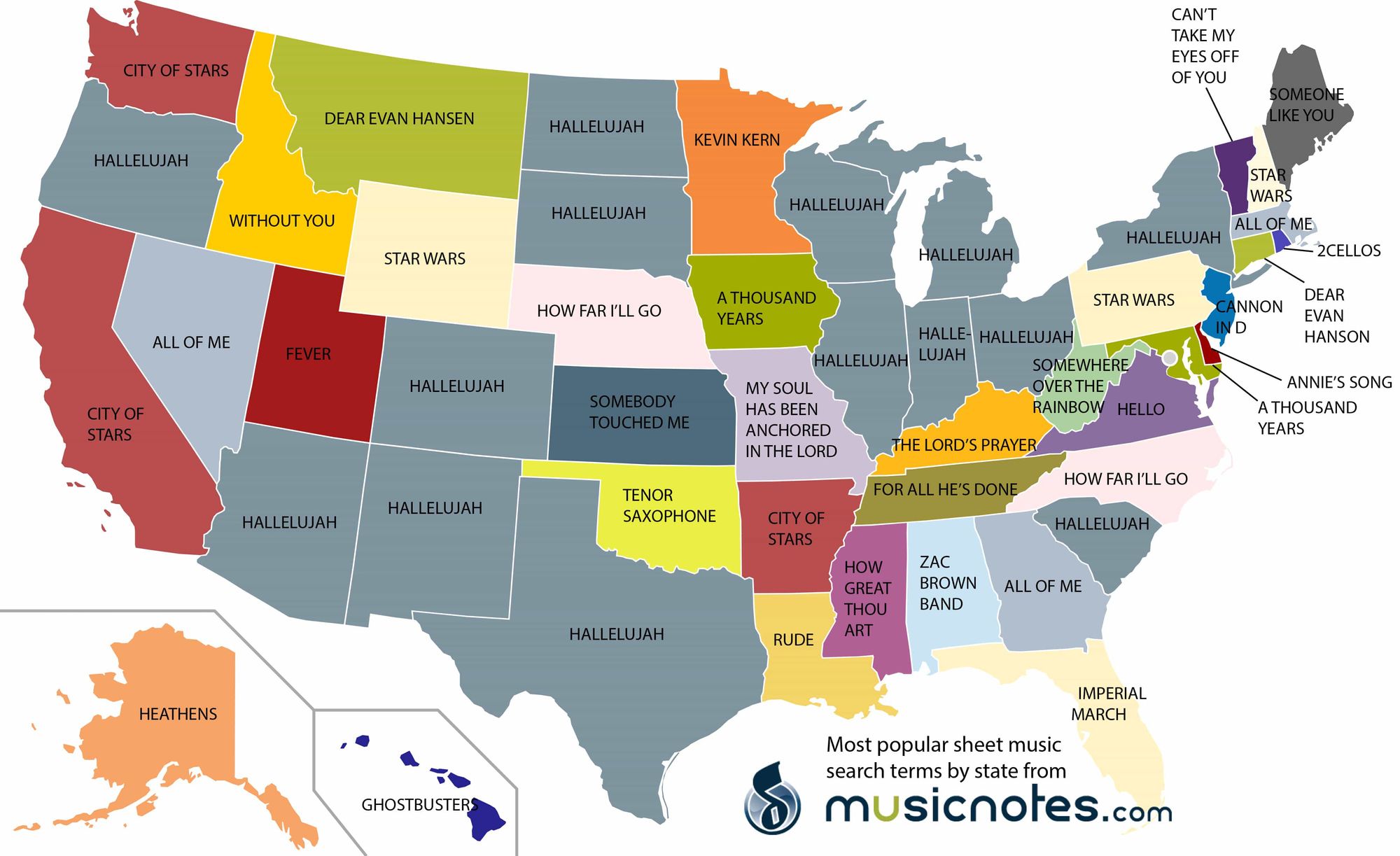 2017’s Most Popular Sheet Music Searches By State (Printable/Sharable PDF!)