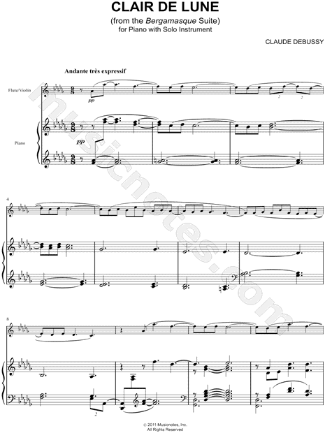 Clair De Lune Flute Violin Piano By Claude Debussy Sheet Music Collection Solo Accompaniment Instrumental Parts Print Play Sku Cl