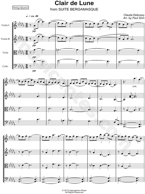 Clair De Lune String Quartet By Claude Debussy Sheet Music Collection String Quartet Instrumental Parts Print Play Sku Cl