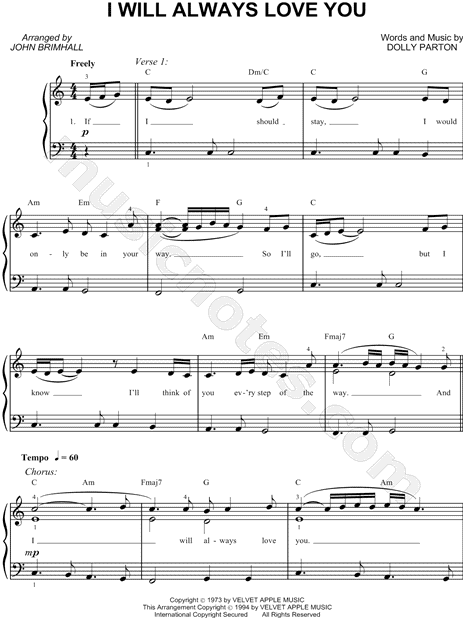 Whitney Houston I Will Always Love You Sheet Music Easy Piano