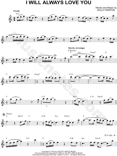 Print and download I Will Always Love You sheet music by Whitney Houston ar...