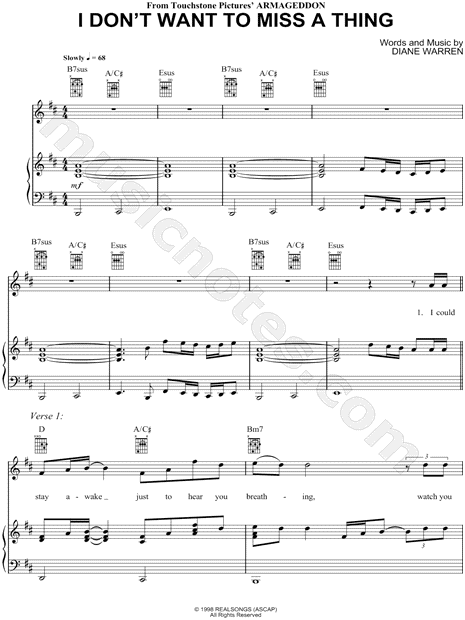 Aerosmith I Don T Want To Miss A Thing Sheet Music In D Major Transposable Download Print Sku Mn