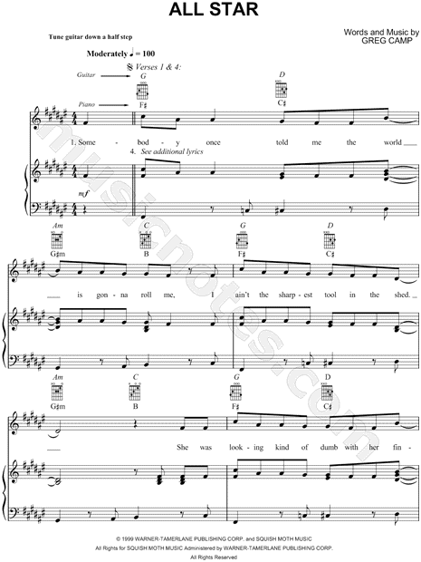 Smash Mouth "All Star" Sheet Music in F# Major (transposable