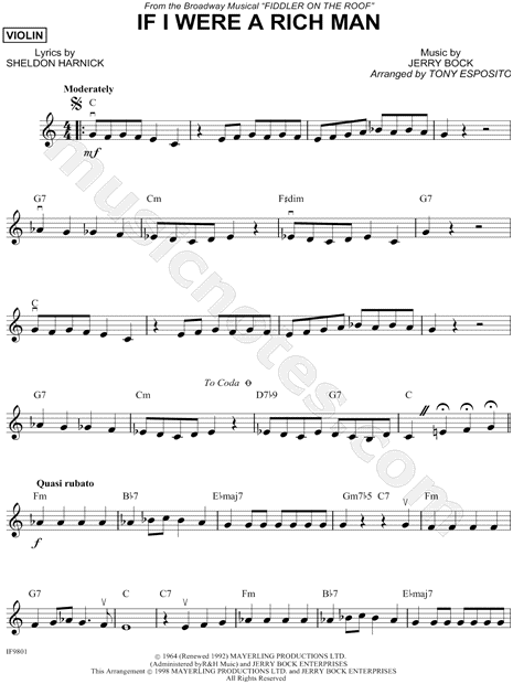 If I Were A Rich Man Violin From Fiddler On The Roof Sheet Music Violin Solo In C Major Download Print Sku Mn0026878