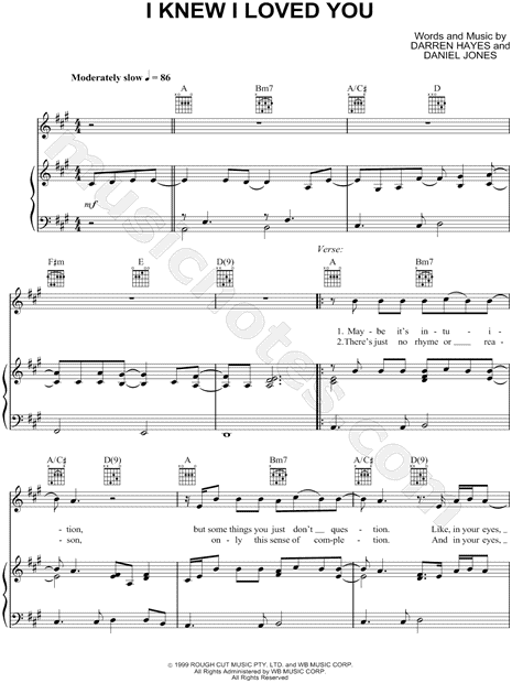 Savage Garden I Knew I Loved You Sheet Music In A Major