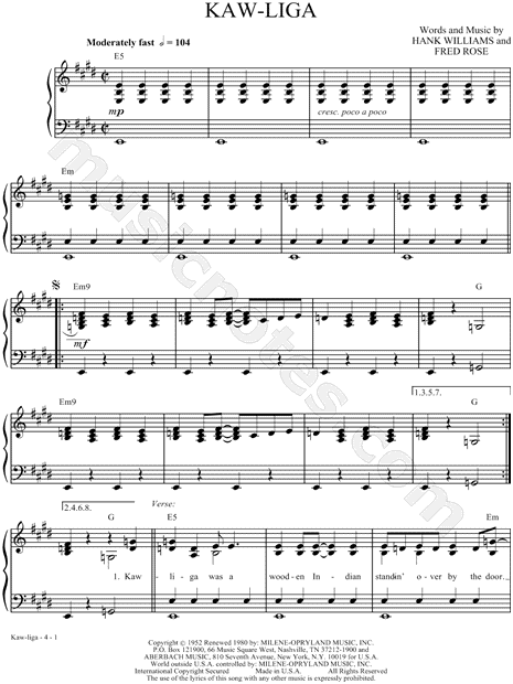Print and download Kaw-Liga sheet music by Hank Williams. 
