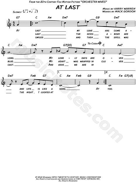 Pedir prestado isla firma Etta James "At Last" Sheet Music (Leadsheet) in C Major (transposable) -  Download & Print - SKU: MN0036298