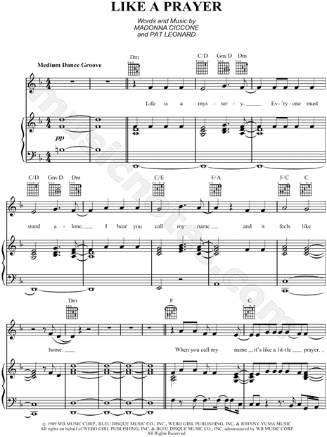 Madonna Like A Prayer Sheet Music In F Major Transposable Download Print Sku Mn