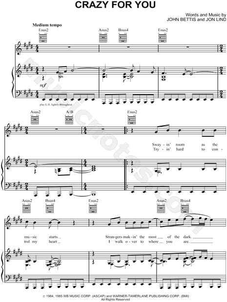 Madonna Crazy For You Sheet Music In E Major Transposable Download Print Sku Mn