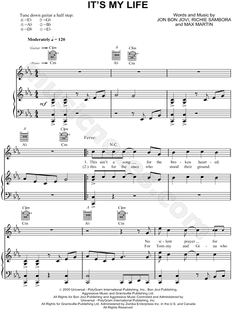 Bon Jovi It S My Life Sheet Music In Eb Major Transposable Download Print Sku Mn