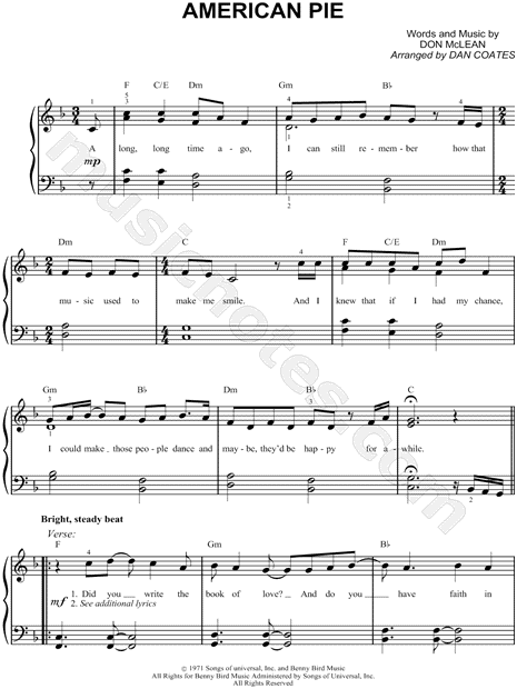 Don McLean "American Pie" Sheet Music (Easy Piano) in F Major