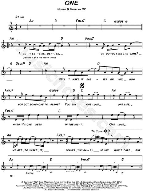 Cabina Interpretación Descripción U2 "One" Sheet Music (Leadsheet) in C Major (transposable) - Download &  Print - SKU: MN0039523