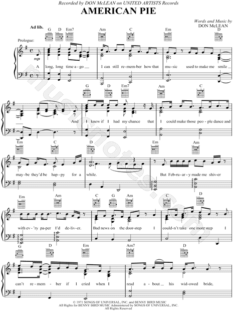 Don McLean "American Pie" Sheet Music in G Major (transposable