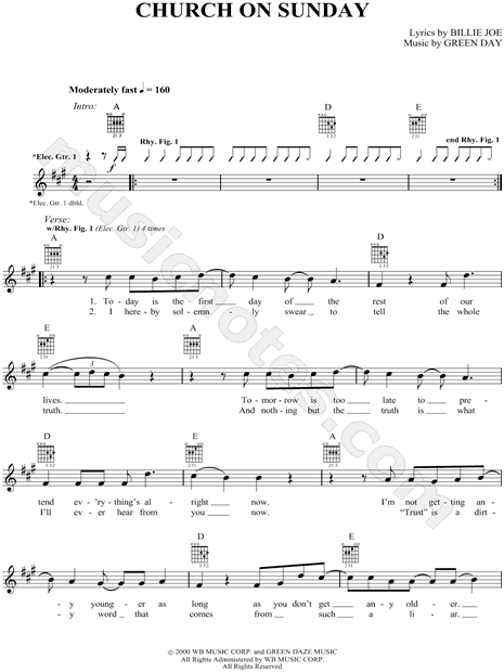 Green Day "Church On Sunday" Guitar Tab In A Major - Download & Print - Sku: Mn0039954