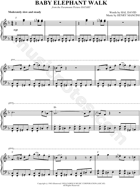 Baby Elephant Walk From Hatari Sheet Music Piano Solo In F Major Download Print Sku Mn