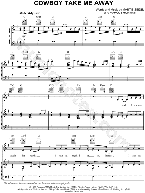 The Chicks Cowboy Take Me Away Sheet Music In C Major Transposable Download Print Sku Mn