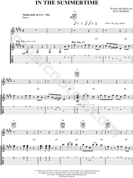 Print and download Mungo Jerry In the Summertime Guitar TAB. 