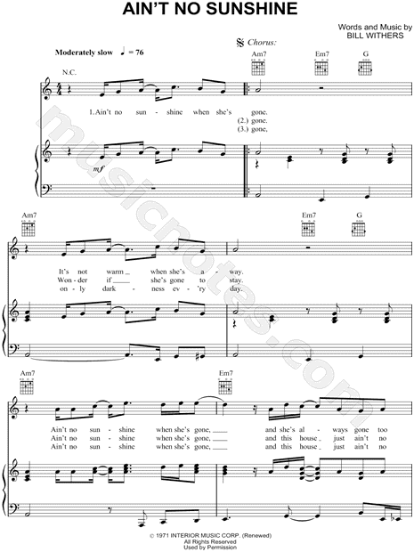 kursiv forbruger Indica Bill Withers "Ain't No Sunshine" Sheet Music in A Minor (transposable) -  Download & Print - SKU: MN0042954