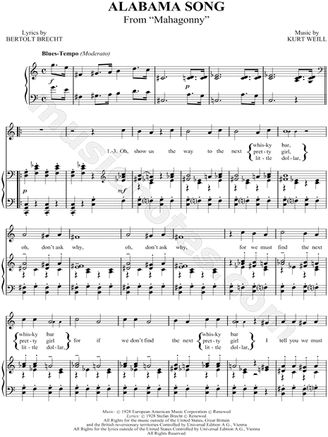 "Alabama Song" from 'Mahogonny' Sheet Music in C Major ...