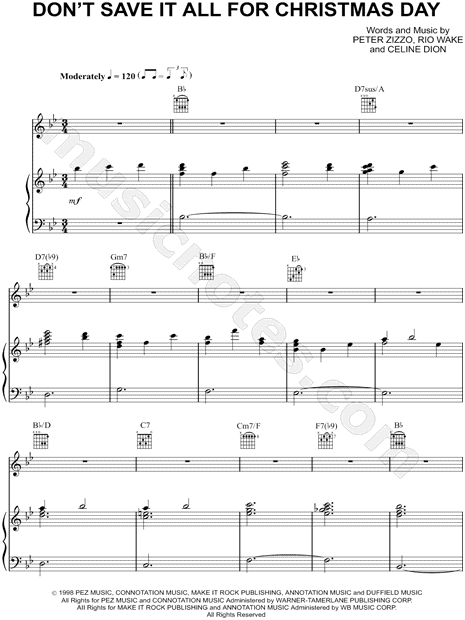 Celine Dion "Don't Save It All for Christmas Day" Sheet Music in Bb Major (transposable ...