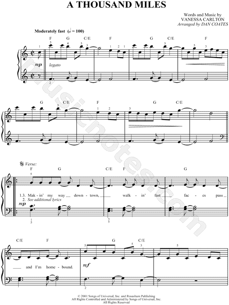 Vanessa Carlton "A Thousand Miles" Sheet Music (Easy Piano) in C Major