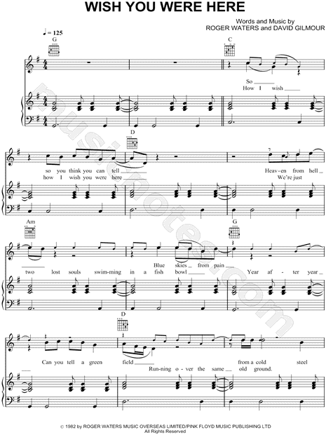 Pink Floyd Wish You Were Here Sheet Music In G Major Transposable Download Print Sku Mn