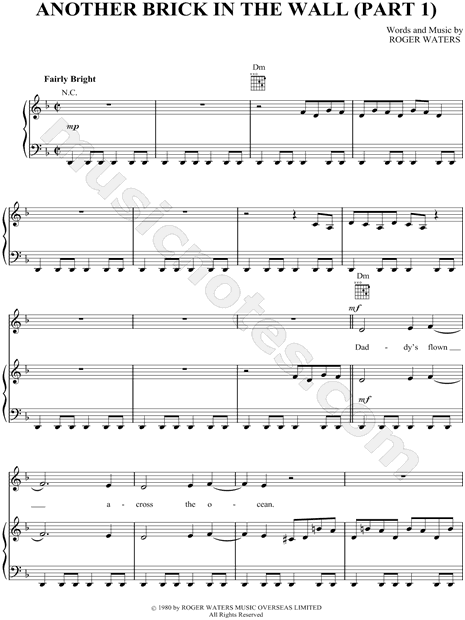 Pink Floyd Another Brick In The Wall Part 1 Sheet Music In F Major Download Print Sku Mn