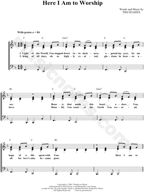 Tim Hughes "Here I Am to Worship" Sheet Music in F Major (transposable