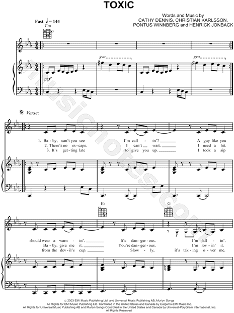 Britney Spears "Toxic" Sheet Music Eb Major (transposable) - Download Print - SKU: MN0046548