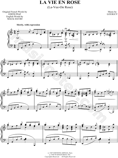 Louis Guglielmi La Vie En Rose Sheet Music Piano Solo In C Major Download Print Sku Mn